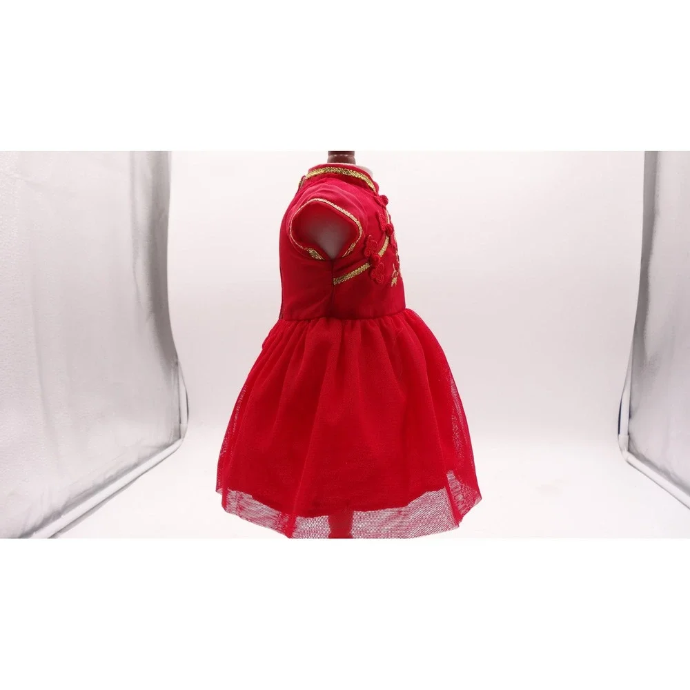 American Girl Lunar New Year Red Mandarin Collar Dress and Gold Glitter Shoes